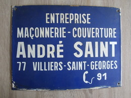 Publicité Plaque Ancienne émmaillée Maçonnerie Entreprise Villiers Saint Georges 77 Seine Et Marne - Otros & Sin Clasificación