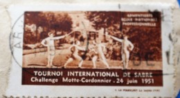 ARMENTIÈRES 1951 TOURNOI INTERNATIONAL DE SABRE CHALLE MAÎTRE CORDONNIER Vignette-Erinnophilie,Timbre,stamp,Bollo-Viñeta - Sports