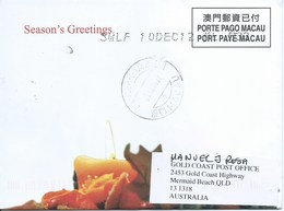 MACAU 2012 CHRISTMAS GREETING CARD & POSTAGE PAID COVER FIRST DAY USAGE TO AUSTRALIA - Interi Postali