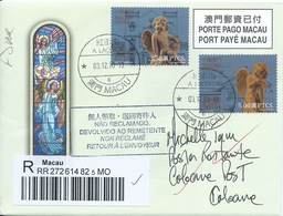 MACAU 2018 CHRISTMAS GREETING CARD & POSTAGE PAID COVER REGISTERD USAGE TO COLOANE, BEAUTIFUL COVER & CARD - Entiers Postaux