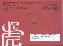 MACAU 2010 LUNAR YEAR OF THE TIGER GREETING CARD & POSTAGE PAID COVER FIRST DAY USAGE - Entiers Postaux