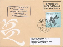 MACAU 2011 LUNAR YEAR OF THE RABBIT GREETING CARD & POSTAGE PAID COVER 1ST DAY USE WITH AREIA PRETA CDS - Interi Postali