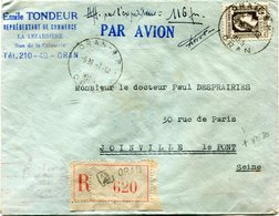 ALGERIE LETTRE RECOMMANDEE PAR AVION A ENTETE COMMERCIALE AVEC AFFRANCHISSEMENT COMPL. AU DOS DEPART ORAN 1-12-1944 - Covers & Documents