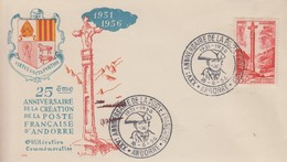 Enveloppe  ANDORRE   25éme  Anniversaire  De  La  Poste  Française  1956 - Briefe U. Dokumente