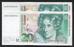 2 X 20 Deutsche Mark 1993 , Ersatznote/Replacement - ZA -A1 - See The 2 Scans For Condition.(Originalscan ) - 20 Deutsche Mark
