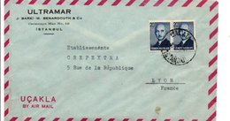 TURQUIE AFFRANCHISSEMENT COMPOSE SUR LETTRE A EN TETE POUR LA FRANCE 1950 - Lettres & Documents