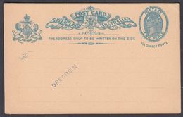 1880. QUEENSLAND AUSTRALIA  TWO PENCE POST CARD VICTORIA. VIA DIRECT ROUTE. SPECIMEN.... () - JF321613 - Storia Postale
