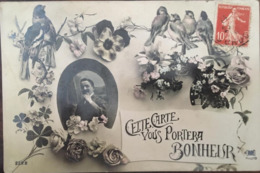 Cpa, Fantaisie, "Cette Carte Vous Portera Bonheur", Fer à Cheval-oiseaux-fleurs-trèfles, écrite 1913, N°2222 - Männer