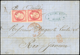 O 80c. Carmin, Paire Verticale (1 Timbre Touché) Obl. PC Rouge 1495 S/lettre Frappée Du CàD Rouge Du HAVRE Du 8 Janvier  - 1853-1860 Napoléon III.