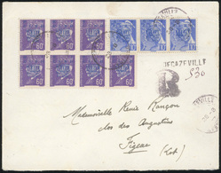 O DECAZEVILLE. Bande De 3 Du 10c. Bleu + Bloc De 7 Du 60c. Violet Obl. S/lettre Frappée Du CàD De DECAZEVILLE Du 28 Août - Befreiung