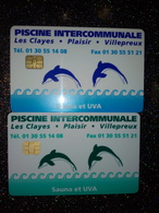 FRANCE LOT 2 CARTES A PUCE CHIP CARD DAUPHIN ABONNEMENT PISCINE LES CLAYES PLAISIR VILLEPREUX 78 UVE MINT - Cartes De Salon Et Démonstration