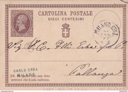 ITALIA - INTERO POSTALE - REGNO - CENT. 10 - VIAGGIATA DA MILANO PER PALLANZA (VB) - Ganzsachen