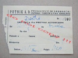 PUTNIK A.D. / FNRJ Yugoslavia - Bus Ticket - Europe