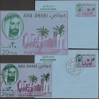 Abu Dhabi 1968. 2 Aérogrammes, Zayed Ben Sultan El Hor Al Nahyane Et Palais, Palmier. Deux Couleurs Différentes - Abu Dhabi