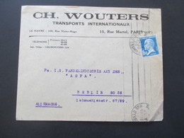 Frankreich 1929 Louis Pasteur Nr. 197 EF Firmenumschlag Ch. Wouters Transports Internationaux Rue Martel Paris - Cartas & Documentos