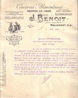 BOUCHES DU RHÔNE - MALEMORT - CONSERVES ALIMENTAIRES , TRUFFES EN GROS - J. BENOIT - LETTRE + TARIF - 1913 - 1900 – 1949