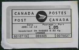 MACHINE STAMP ATM LABEL CUT FRAGMENT WOODSTOCK  2001 (Mi - YT -) Used Gebruikt Oblitere CANADA KANADA - Automatenmarken (ATM) - Stic'n'Tic