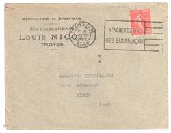 TROYES GARE Aube Lettre Entête Louis NICOT Bonneterie 50c Semeuse Lignée Yv 199 Ob Meca 1932  Bas Français - Covers & Documents