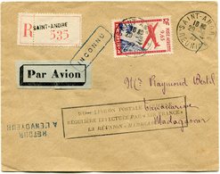 REUNION LETTRE RECOMMANDEE PAR AVION DEPART SAINT-ANDRE 29-3-47 REUNION POUR MADAGASCAR - Cartas & Documentos