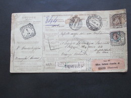 Italien 1914 Auslandspaketkarte Zusatzfrankaturen Und Vielen Stempeln Tremezzo  - Ostende Stempel Chiasso - Colis-postaux
