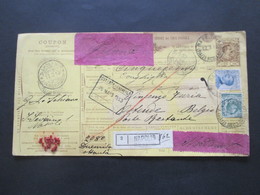 Italien 1913 Auslandspaketkarte Zusatzfrankaturen Und Vielen Stempeln Napoli -Ostende Klebezettel Handschriftlich Valore - Colis-postaux