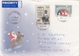 2002 AIRMAIL  FROM FINLAND TO BILASHPUR FRANKED WITH STAMPS ON EUROPA(1992), CHRISTMAS STAMP 2000 /SLIGHT TEAR - Covers & Documents