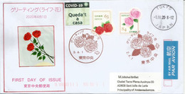 Flowers In Daily Life - 2020. FDC Tokyo,sent Andorra,with Andorran Label STAY HOME In Catalan Language Covid19 Lockdown - Lettres & Documents