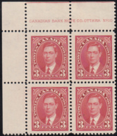 Canada 1937 MH Sc #233 3c George VI Mufti Plate 10 UL Block Of 4 - Plate Number & Inscriptions