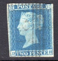 Great Britain GB 1841 2d Penny Blue White Lines, Letters DH, 4 Margin Almost Except Top Right, Used, , SG 13 - Oblitérés