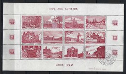 FRANCE 1942: Feuille De 12 Vignettes (11 Neufs** Et 1 Obl,) ''L'Art Et Le Timbre'' Avec Vues De Paris En Rouge-brun - Afgestempeld