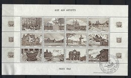 FRANCE 1942: Feuille De 12 Vignettes (11 Neufs** Et 1 Obl,) ''L'Art Et Le Timbre'' Avec Vues De Paris En Brun-noir - Afgestempeld