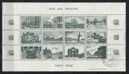 FRANCE 1942: Feuille De 12 Vignettes (11 Neufs** Et 1 Obl,) ''L'Art Et Le Timbre'' Avec Vues De Paris En Gris-vert - Afgestempeld
