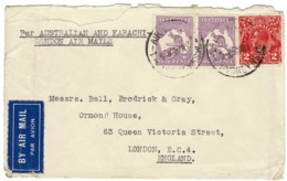 Australia 1933 Kangaroo 9d Cof A Pair + 2d KGV Air Mail To UK Via Karachi - Lettres & Documents