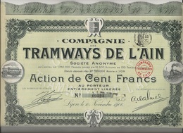 LOT DE 12 ACTIONS DE 100 FRS - COMPAGNIE DES TRAMWAYS DE L'AIN -ANNEE 1906 - Spoorwegen En Trams