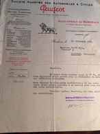 Courrier De 1923, Entête Peugeot, Succursale De Bordeaux (33), Client Parre Et Fils "Cycles Etc Salignac 24 Dordogne - 1900 – 1949