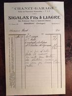 Facture, Chanzy Garage, SIGALAS Fils Et LIAGRE, Réparations Automobiles, 24 Bergerac-Dordogne, Années 1920 - Cars