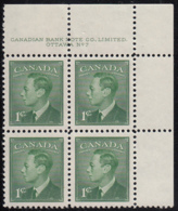 Canada 1949 MNH Sc #284 1c George VI Plate 7 UR - Plate Number & Inscriptions