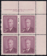 Canada 1949 MNH Sc #286 3c George VI Plate 4 UR - Plate Number & Inscriptions