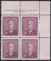 Canada 1949 MNH Sc #286 3c George VI Plate 11 UR - Plate Number & Inscriptions