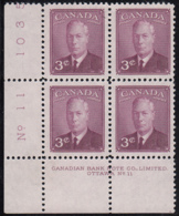 Canada 1949 MNH Sc #286 3c George VI Plate 11 LL - Plate Number & Inscriptions