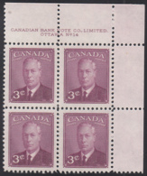 Canada 1949 MNH Sc #286 3c George VI Plate 14 UR - Plate Number & Inscriptions