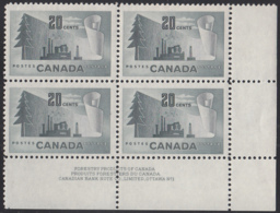 Canada 1952 MNH Sc #316 20c Forestry Products Plate 1 LR - Plate Number & Inscriptions