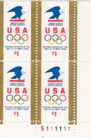 Sc#2539 Plate # Block Of 4 Stamps, 1 Dollar Olympic Rings And Eagle 1991 Issue - Plaatnummers