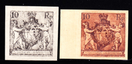 LIECHTENSTEIN (1921) Coat Of Arms. Cherubs. Set Of 2 Imperforate Trial Color Proofs In Unissued Colors. Scott No 59. - Prove E Ristampe