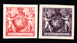 LIECHTENSTEIN (1921) Coat Of Arms. Cherubs. Set Of 2 Imperforate Trial Color Proofs In Unissued Colors. Scott No 61. - Prove E Ristampe