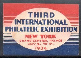 USA 1936 3RD INTERNATIONAL PHILATELIC EXHIBITION NEW YORK GRAND CENTRAL PALACE POSTER STAMP LABEL Reklamemarke Vignette - Non Classés