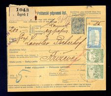 HUNGARY/CROATIA - Parcel Card Sent From Zagreb To Križevci 1918. Additionally Franked With Two Colored Franking. Arrival - Pacchi Postali