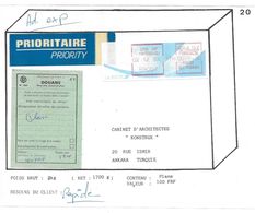 TIMBRE DISTRIBUTEUR 75 FRANCS LYON CRF MONTESQUIEU ETIQUETTE DOUANE POUR ANKARA TURQUIE - Altri & Non Classificati