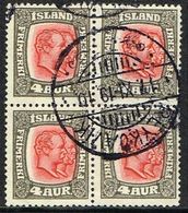 1917. Two Kings. 4 Aur Grey/red. Perf. 14x14½, Wm. Cross. 4-BLOCK REYKJAVIK 17.XI.19. (Michel 78) - JF363783 - Unused Stamps