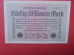 Reichsbanknote 50 MILLIONEN MARK 1923 VARIANTE PAPIER CLAIR SANS (N°)+6 CHIFFRES CIRCULER (B.16) - 50 Miljoen Mark